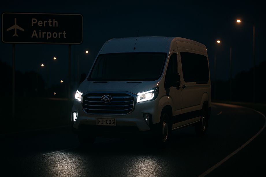 FIFO airport shuttle driving from Baldivis towards Perth Airport during early morning run.