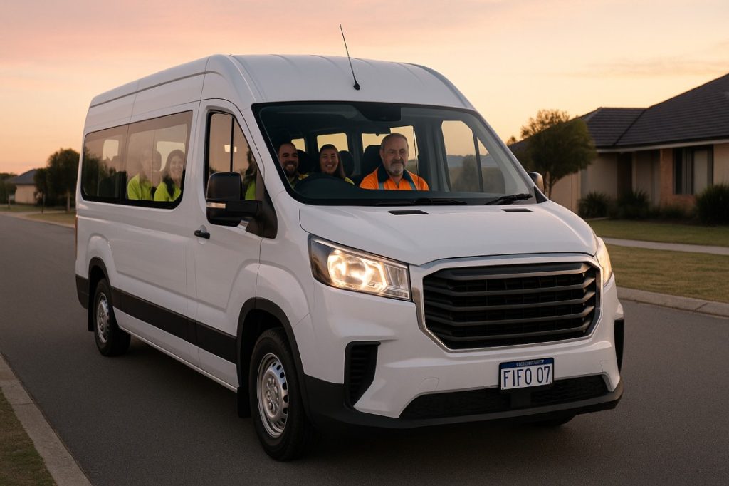 Early morning Baldivis airport shuttle with FIFO workers on board.