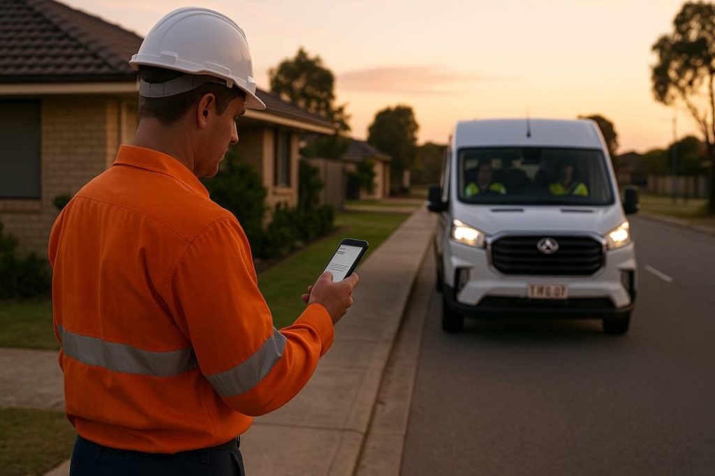 FIFO worker checking phone for shuttle pickup time in Baldivis