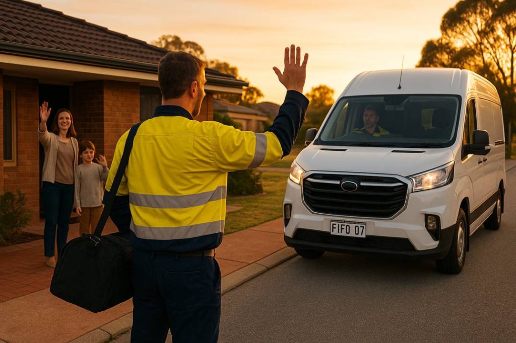 FIFO worker waving goodbye to family before boarding shuttle in Baldivis.