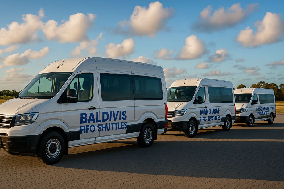 Three FIFO shuttle vans for Baldivis, Mandurah, and Rockingham parked side-by-side under a partly cloudy sky.